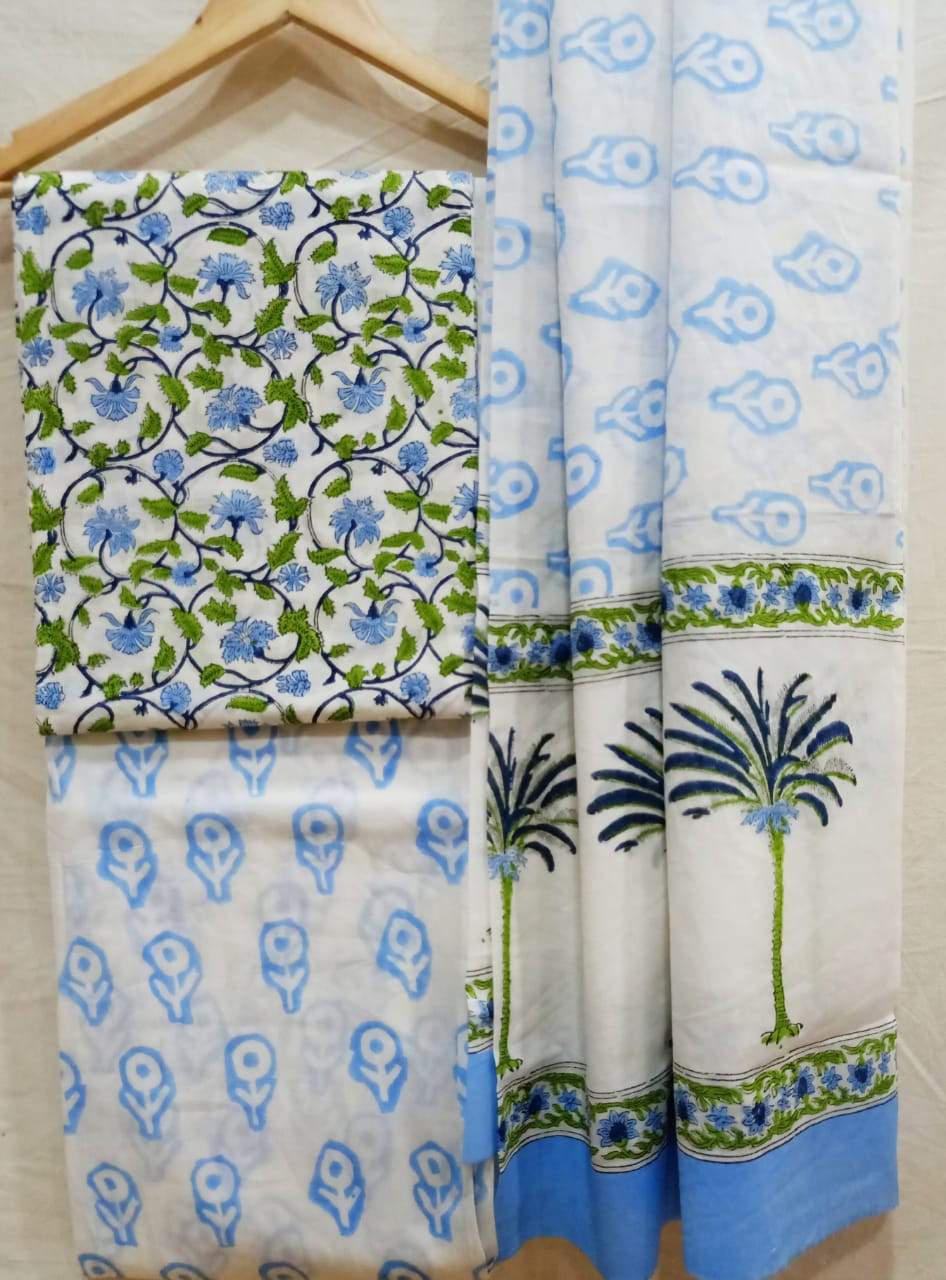 Hand Block Printed cotton suit material with cotton dupatta
