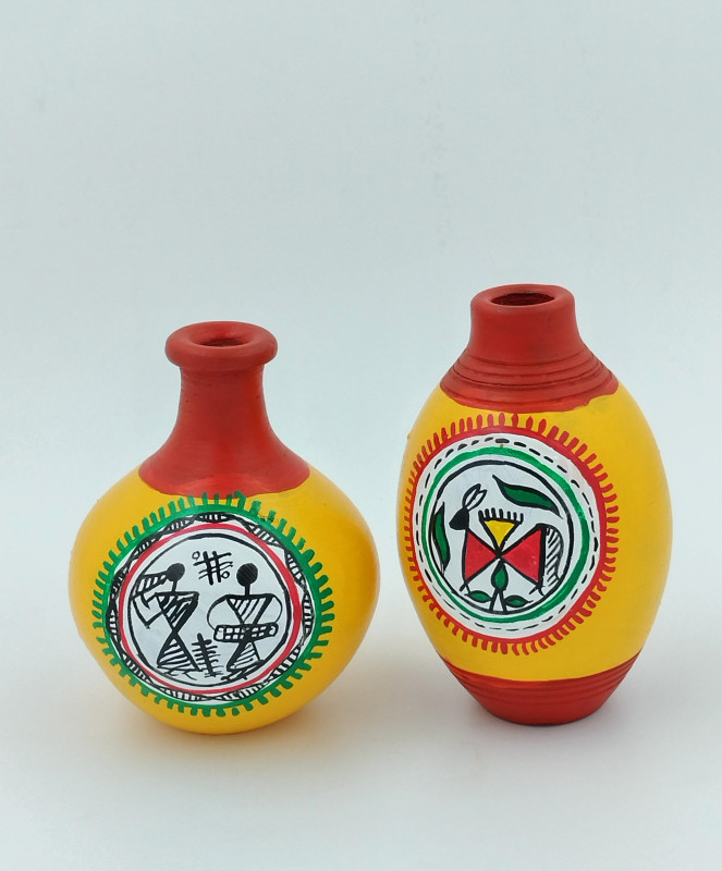 Handpainted Matki Flower vase set of 2 yellow