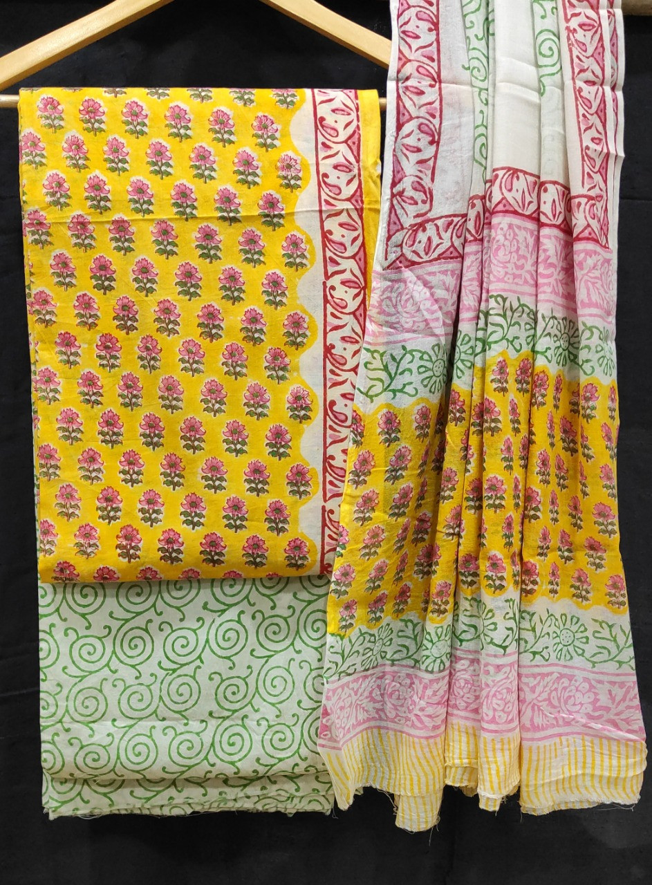 Hand Block Printed cotton suit material with cotton dupatta