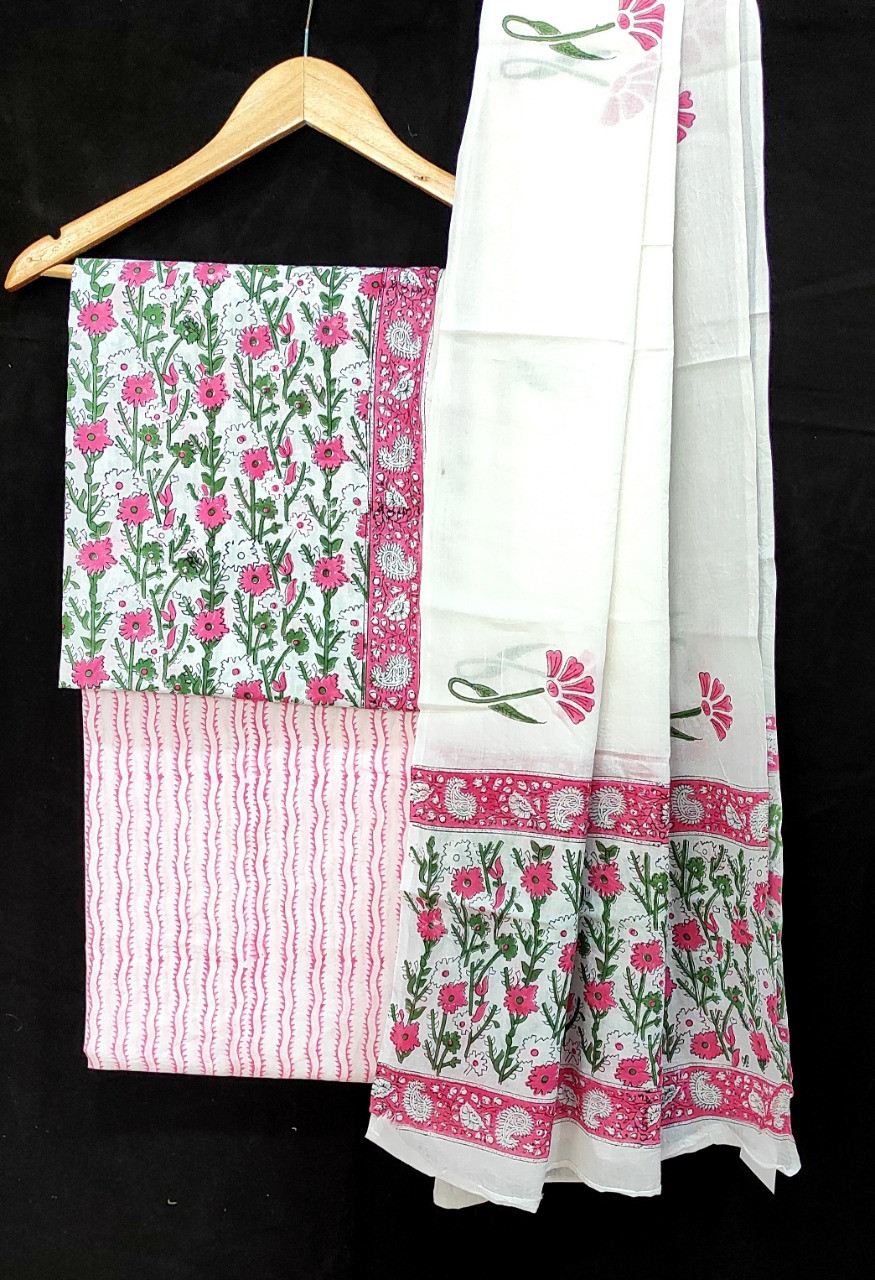 Hand Block Printed cotton suit material with cotton dupatta
