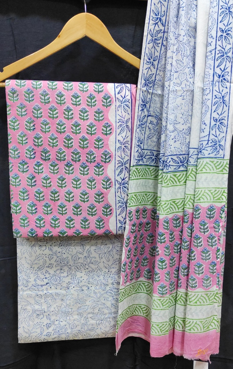 Hand Block Printed cotton suit material with cotton dupatta